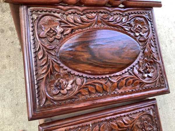 Vintage Set 4 Floral wood wooden Nesting end side Tables Carved  drawers chest