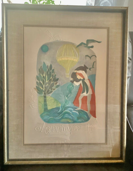 Mid Century Modern Framed Aquarius Zodiac Judith Bledsoe Signed Lithograph