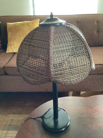 Vintage Mid Century Table Lamp Faux Bamboo Brown Wicker/Rattan/Cane Shade