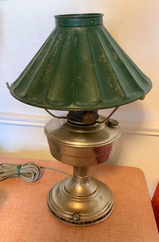 Vintage Aladdin Model 12 Nickel Plated Kerosene Oil Lamp with green metal shade