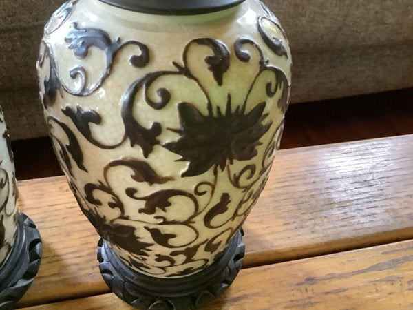 Vtg pair Asian Ginger Jar Table Lamp Black & White Floral Farmhouse