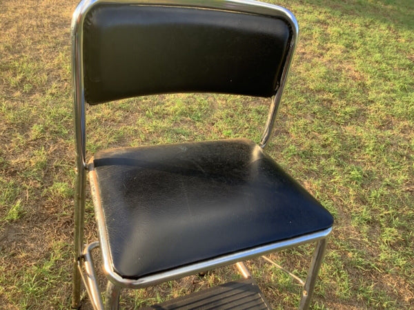 Vintage mid century modern chrome & black￼ Cosco step stool chair seat Folding