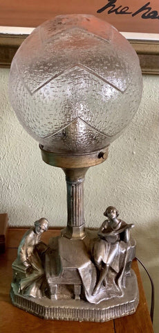 Art Deco cast metal Table Lamp Man Woman  Sculpture glass star globe Vtg antique