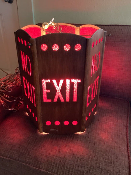 Vtg  Red EXIT no exit Sign Vintage mid Century modern hanging swag wood lamp