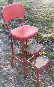 MCM Vintage Red Cosco Kitchen Step Stool Chair Pull Out Steps  mid century
