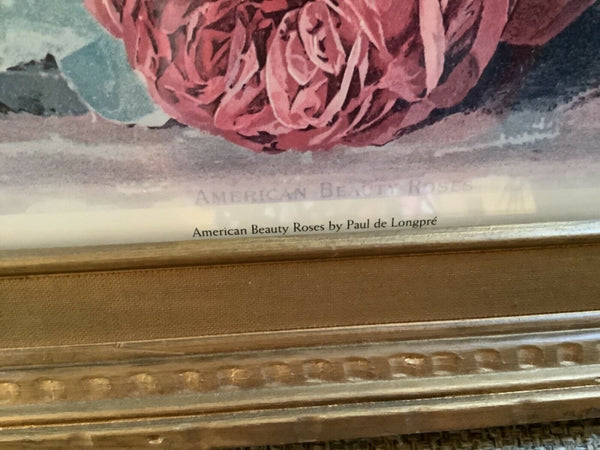 Vtg Yard Long Framed Paul De Longpre Long Stemmed Pink American Beauty  Roses