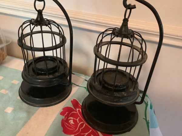 Pair vintage  Hanging Metal wire Birdcage Style Candle Holders with stands