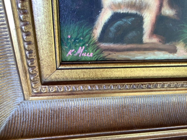 Vintage K Mills Monkey Painting Oil on Canvas Signed & Framed picture frame gold