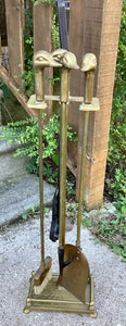 Vintage mid century modern Brass Duck Head Fireplace Tool Set Stand