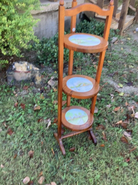 Vintage 3 Tier tiered Wood wooden Pie Plant Folding Stand Painted ceramic tiles