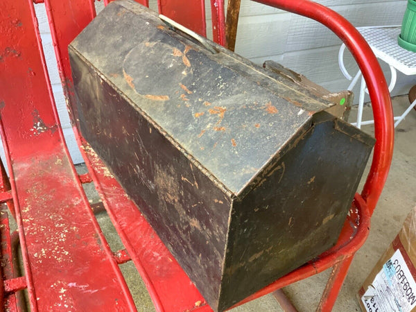 Vintage black handy man Carpenters Metal Carrying  caddy Tool Box chest
