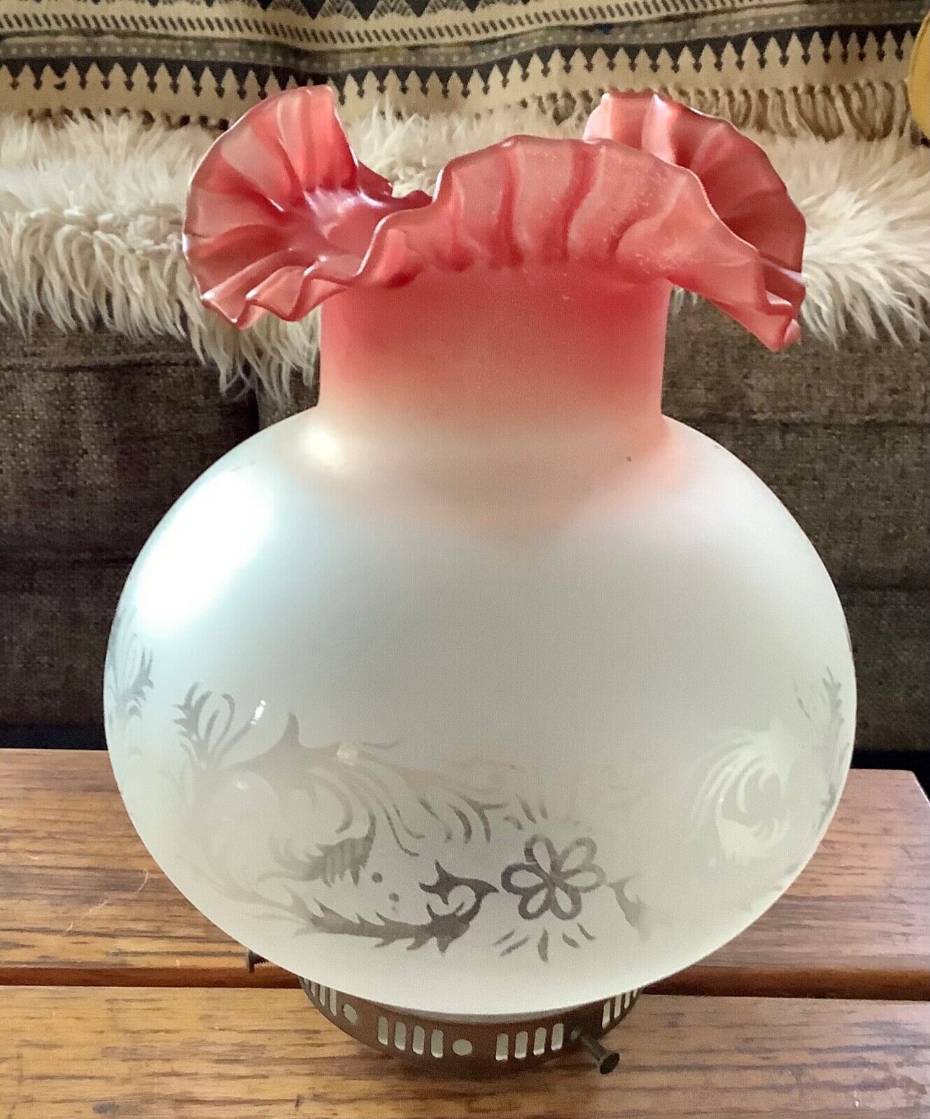 Ruffled Cranberry Satin Etched Glass Oil Lamp Shade globe oil lamp Vtg antique