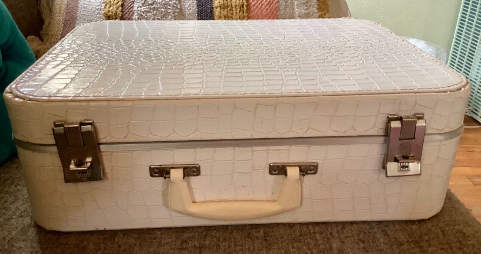 Vintage  Suitcase White Faux Alligator  Luggage mid century modern carry on