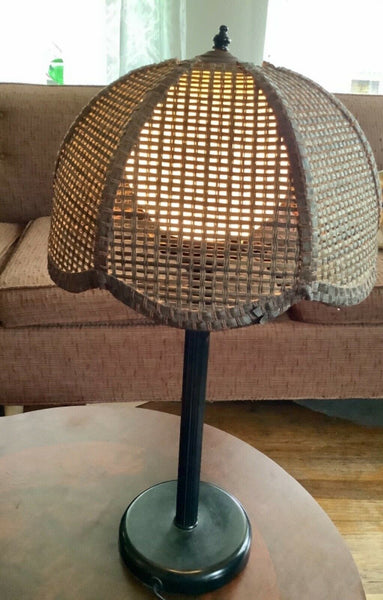 Vintage Mid Century Table Lamp Faux Bamboo Brown Wicker/Rattan/Cane Shade