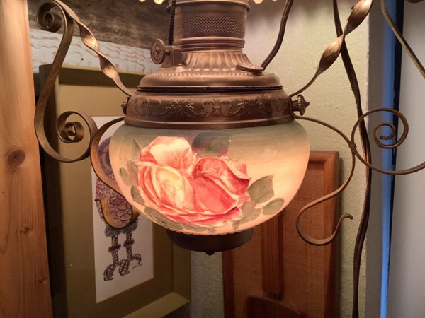 Vtg Parlor Hanging Roses floral shade Oil Kerosene swag Lamp Light  fixture