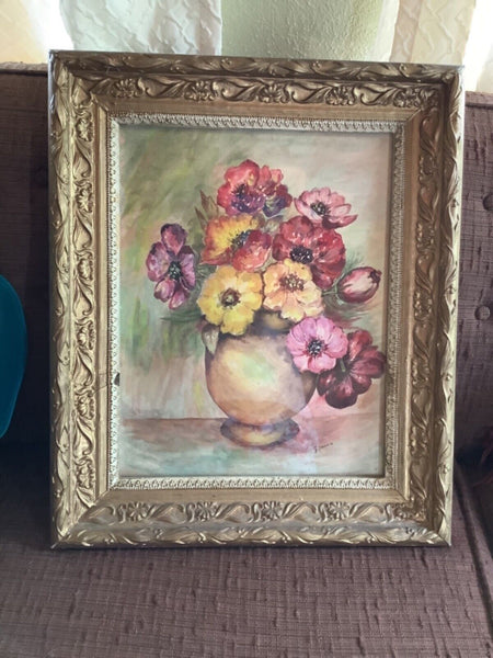 Vintage Floral flowers vase print In Gold gilt Gesso Wooden wood Picture Frame