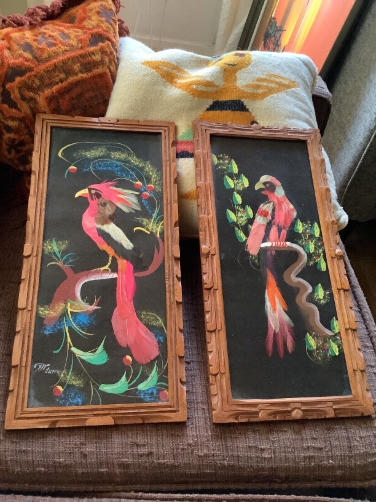 Set of 2 Vintage Mexican Feather Art Bird Picture Carved Wooden picture  Frames