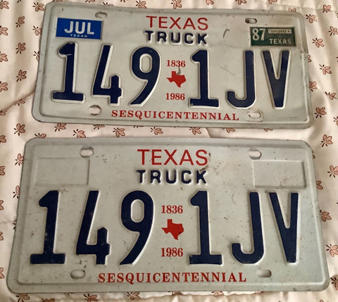 Vtg 1836 1986 TEXAS  PASSENGER  pair LICENSE PLATES 149 1JV Sesquicentennial