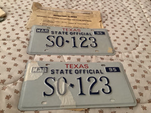 Vtg 1995 Texas STATE U.S.  Official license plates So 123 NOS PAIR