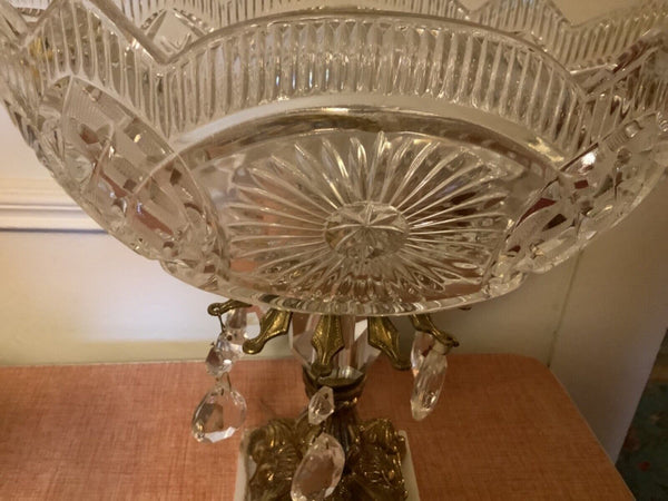 Antique Cut Glass Crystal Compote Fruit Bowl w/ Prisms Brass Pedestal and Marble