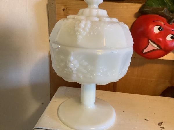 Vintage  GRAPE Milk Glass Candy Dish jar  Lid vanity compote