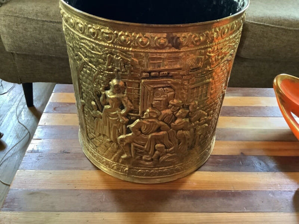 VTG Antique relief Metal Brass Planter Coal Firewood wood Log Bucket Brass pail