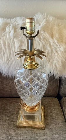 Vtg Pineapple 24% LEAD cut glass CRYSTAL brass TABLE desk LAMP Hollywood regency