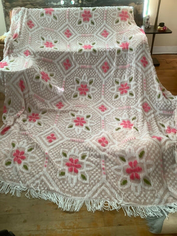 Vintage Pink white Brocade Damask Bedspread  curtains mid century modern