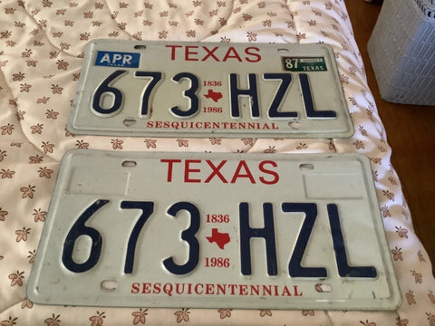 Vtg 1836 1986 TEXAS  PASSENGER  pair LICENSE PLATES  673 HZL Sesquicentennial