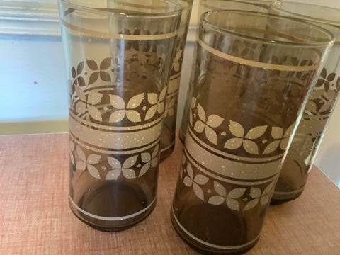 Vtg Anchor Hocking Drinking Glass Brown Smoked tumbler Striped MCM Retro flower