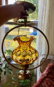 VTG amber  Glass Coin Dot Thumbprint Pattern SHADE globe Hanging Light Fixture