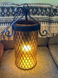 Vtg Mid Century modern gothic  Retro Hanging Swag Light Lamp amber Glass