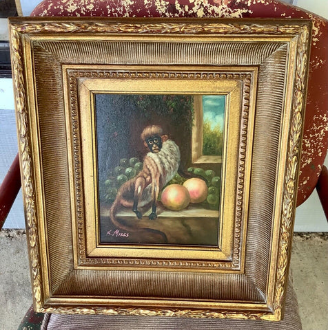 Vtg K Mills Monkey Painting Oil on Canvas Signed & Framed picture frame gold