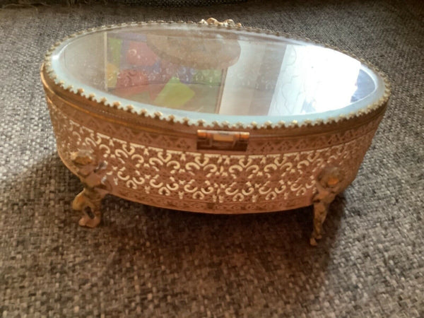 Vintage Gold Tone Filigree Beveled Glass Cherub Angel Footed Jewelry Casket Box