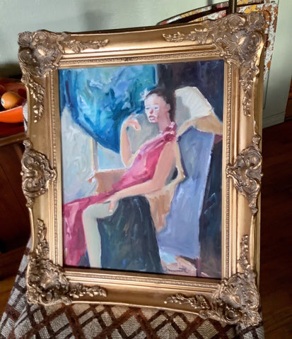 Vtg oil painting impressionist woman portrait abstract gold wood ornate frame