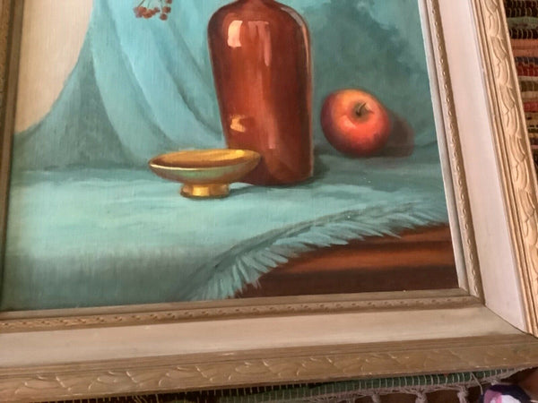 Vtg MID CENTURY FLORAL vase STILL LIFE PAINTING OIL ON CANVAS Frame FRAMED