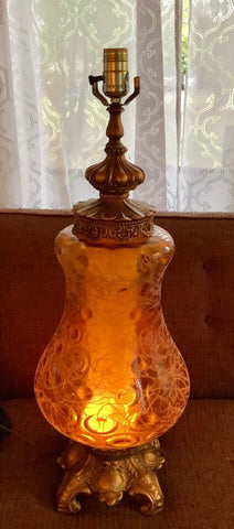 Vtg Mid Century modern mcm retro Amber 3 Way glass Globe Table desk Lamp