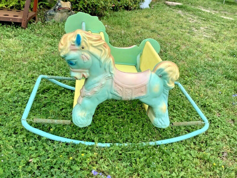 Rare Rocking Horse HTF Vintage Wonder Shoo Fly Spring Pink Blue Yellow Vtg Toy