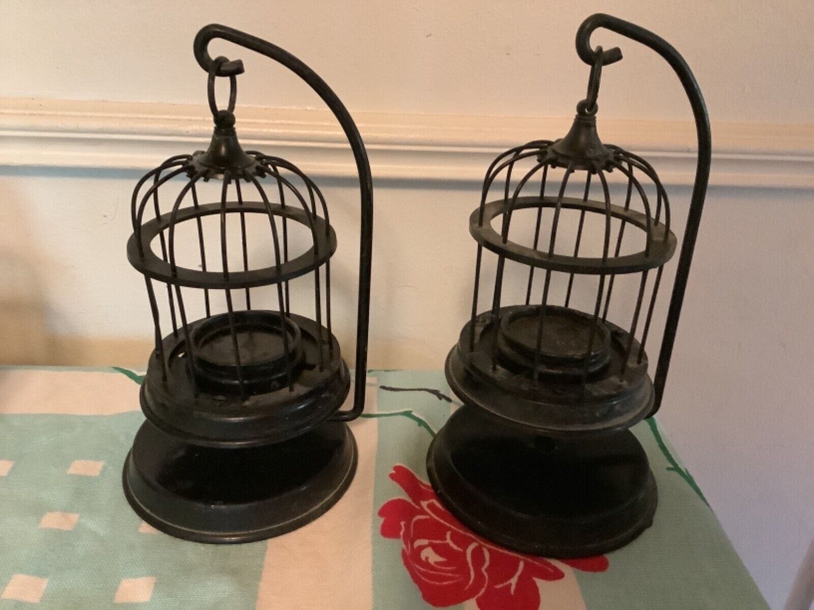 Pair vintage  Hanging Metal wire Birdcage Style Candle Holders with stands