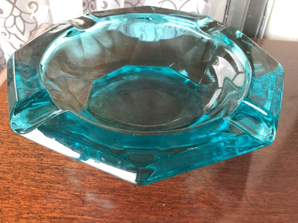 Vintage Aqua Blue Heavy Ashtray Dish Mid-Century Modern mcm retro Glass