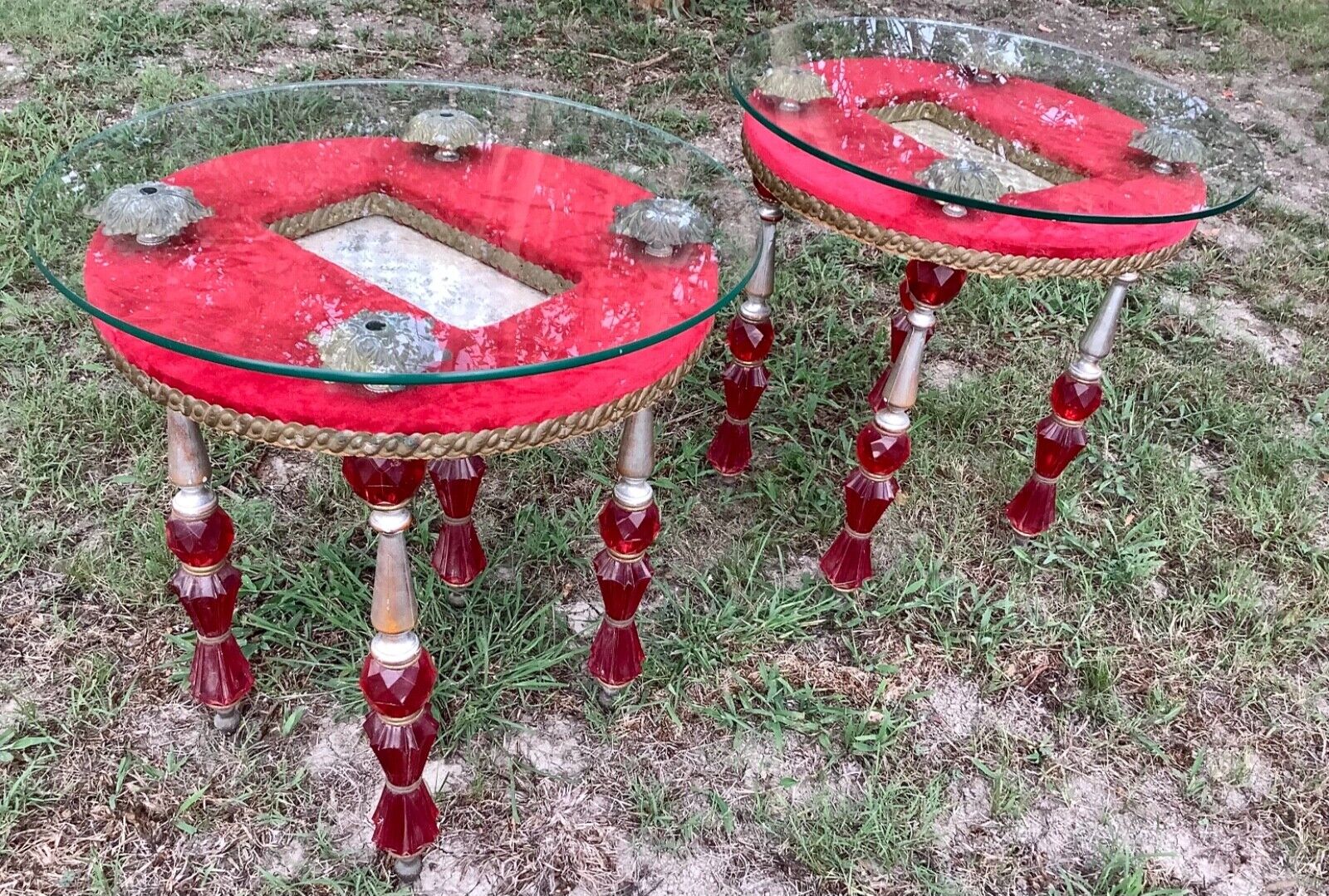 Vtg MID CENTURY Modern mcm pair suede velvet Glass top END side TABLES  red