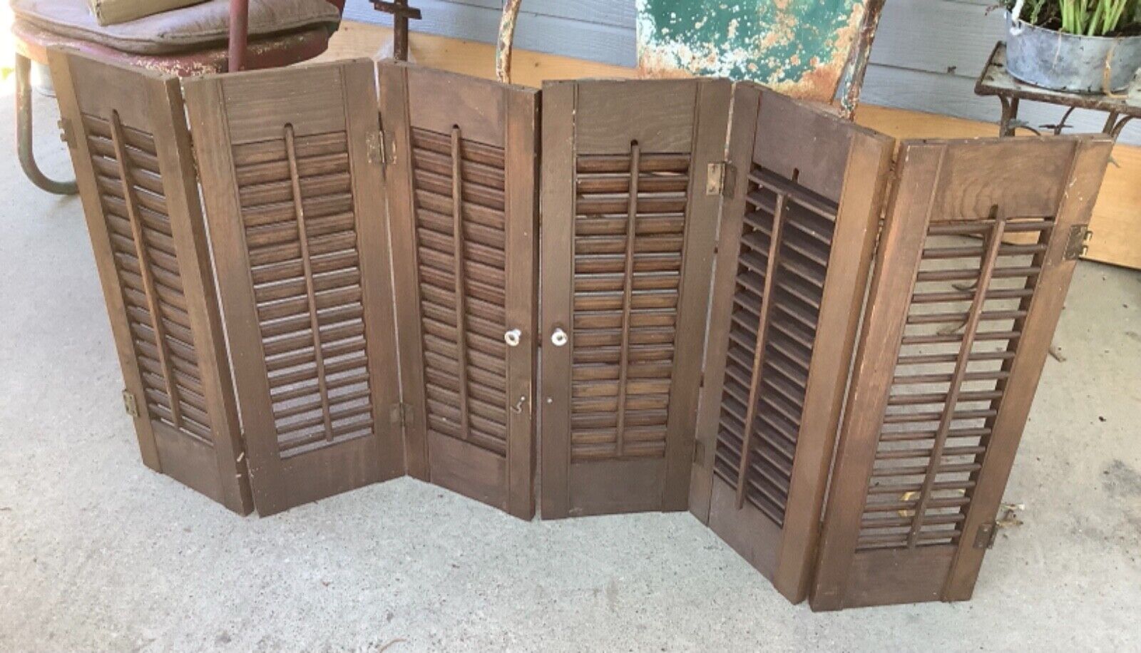 Vintage pair Rustic Wood Louver Window Shutters Salvage Shabby Chic Tri-Fold