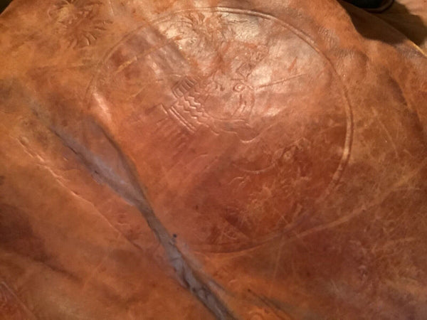 Vintage Antique Egyptian Camel Saddle Leather Cushion Foot Stool Ottoman Wood