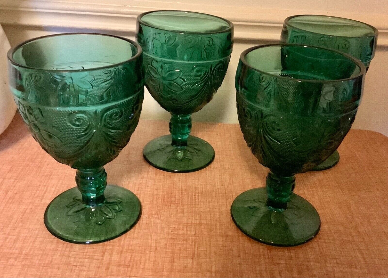 (4) Indiana Tiara Sandwich Glass Green Chantilly Pedestal Water Goblets 5 3/8" T