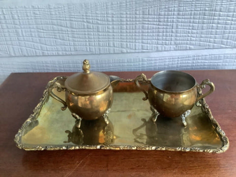 Antique vintage Brass Sugar Creamer & Tray Set