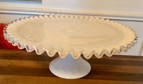 VTG FENTON ART GLASS Milk CREST CAKE STAND PLATE RUFFLED