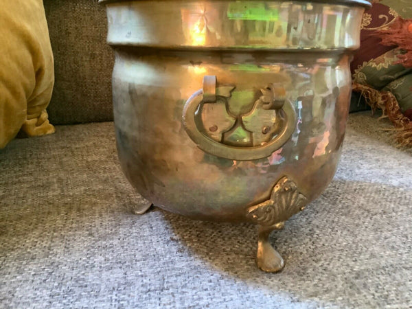 Vintage Hammered Brass copper Lion Head with Claw Feet Planter Pot
