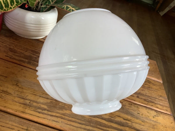 Vintage Art Deco White Milk Glass School House Ceiling Light Shade Ribbed MCM