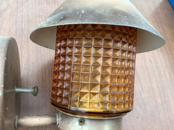Antique Porch Light Sconce Lantern Metal Arts & Crafts  mission vtg amber globe