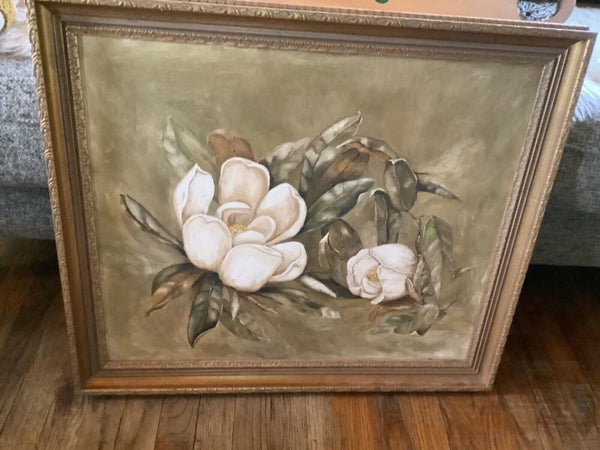 Vintage antique oil painting on canvas  Magnolia flower floral gold frame framed